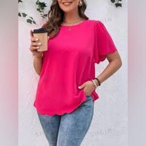 Scalloped Hem Blouse Short Sleeve Flutter Scallop Cut Out Pink Plus Size 2X